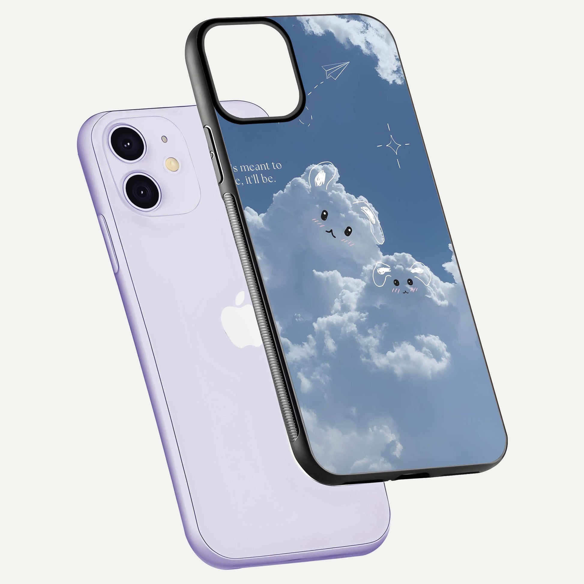 Cloud Bunny Dreams Glass Case for iPhone 11 floating mockup showing soft gradient and gloss reflection