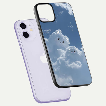 Cloud Bunny Dreams Glass Case for iPhone 11 floating mockup showing soft gradient and gloss reflection