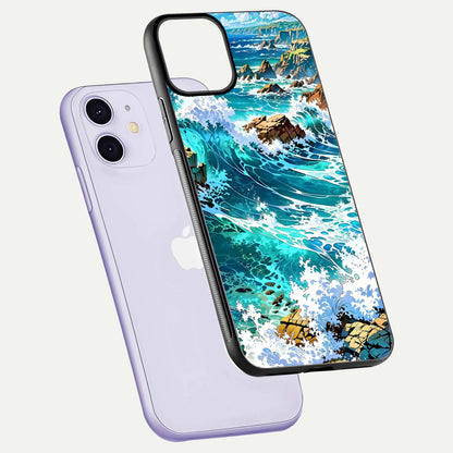 Coastal Blue Waves Glass Case for iPhone 11 floating mockup showing HD reflection and wave details