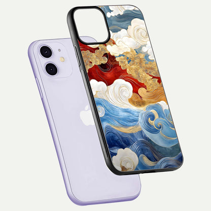Colored Waves Glass Case for iPhone 11 floating dual-view mockup displaying gloss finish and color contrast