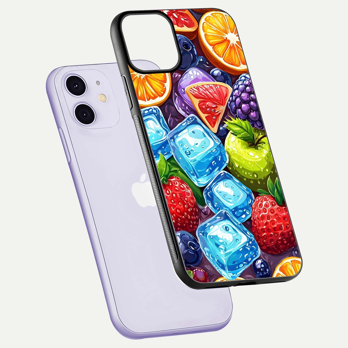 Colorful Fruits with Ice Glass Case for iPhone 11 floating mockup showing bright shine and crystal clarity