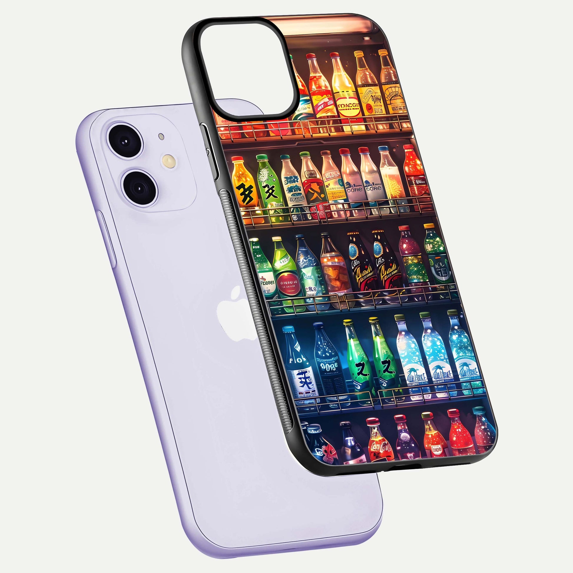 Colorful Soda Bottles Glass Case for iPhone 11 floating mockup showing light reflection and bright gloss
