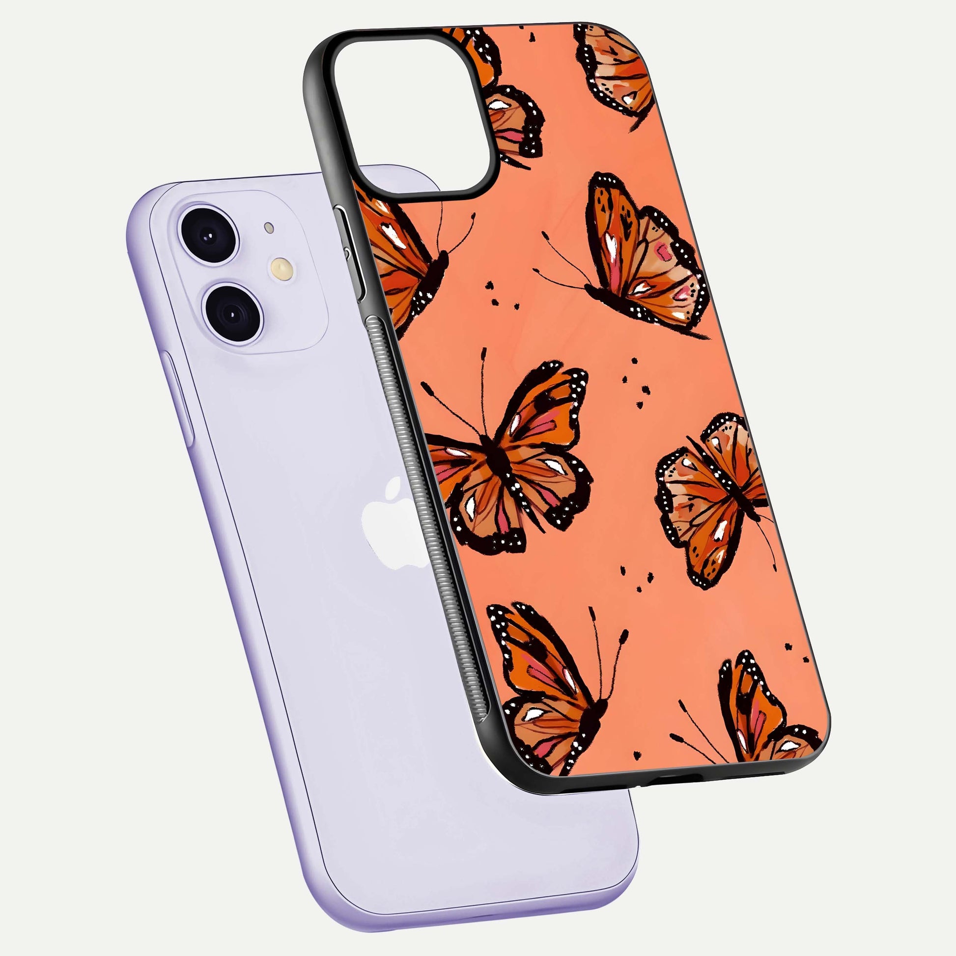 Coral Wing Butterfly Glass Case for iPhone 11 floating mockup showing HD gloss texture and vivid coral color