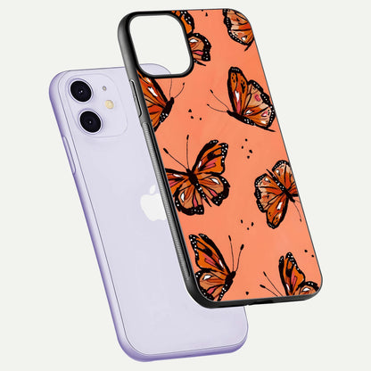 Coral Wing Butterfly Glass Case for iPhone 11 floating mockup showing HD gloss texture and vivid coral color