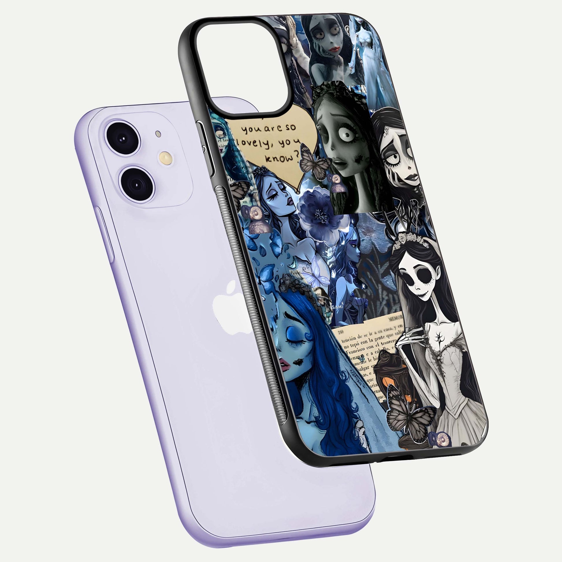 Corpse Bride Posters Glass Case for iPhone 11 floating mockup showing shine texture and clear design