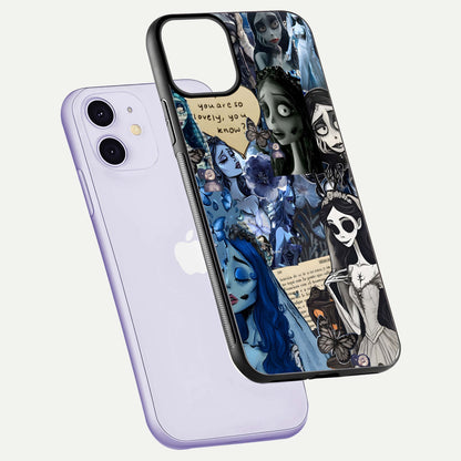 Corpse Bride Posters Glass Case for iPhone 11 floating mockup showing shine texture and clear design