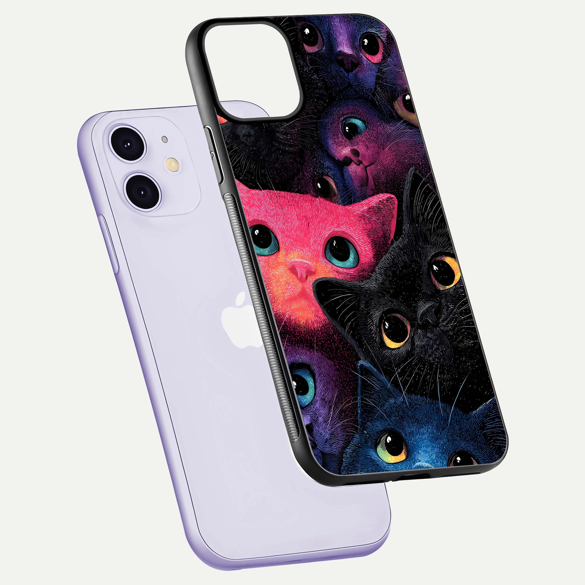 Cosmic Cats Dreams Glass Case for iPhone 11 floating mockup showing star details and polish reflection