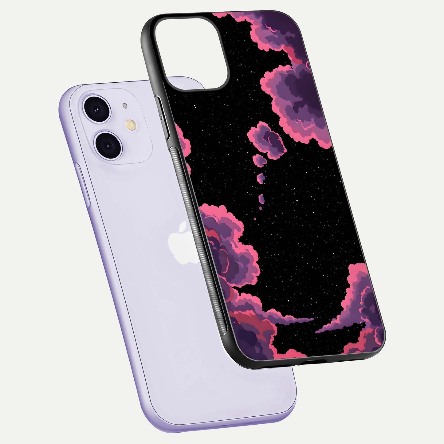 Cosmic Cloud Journey Glass Case for iPhone 11 floating mockup showing HD gloss and cosmic gradient