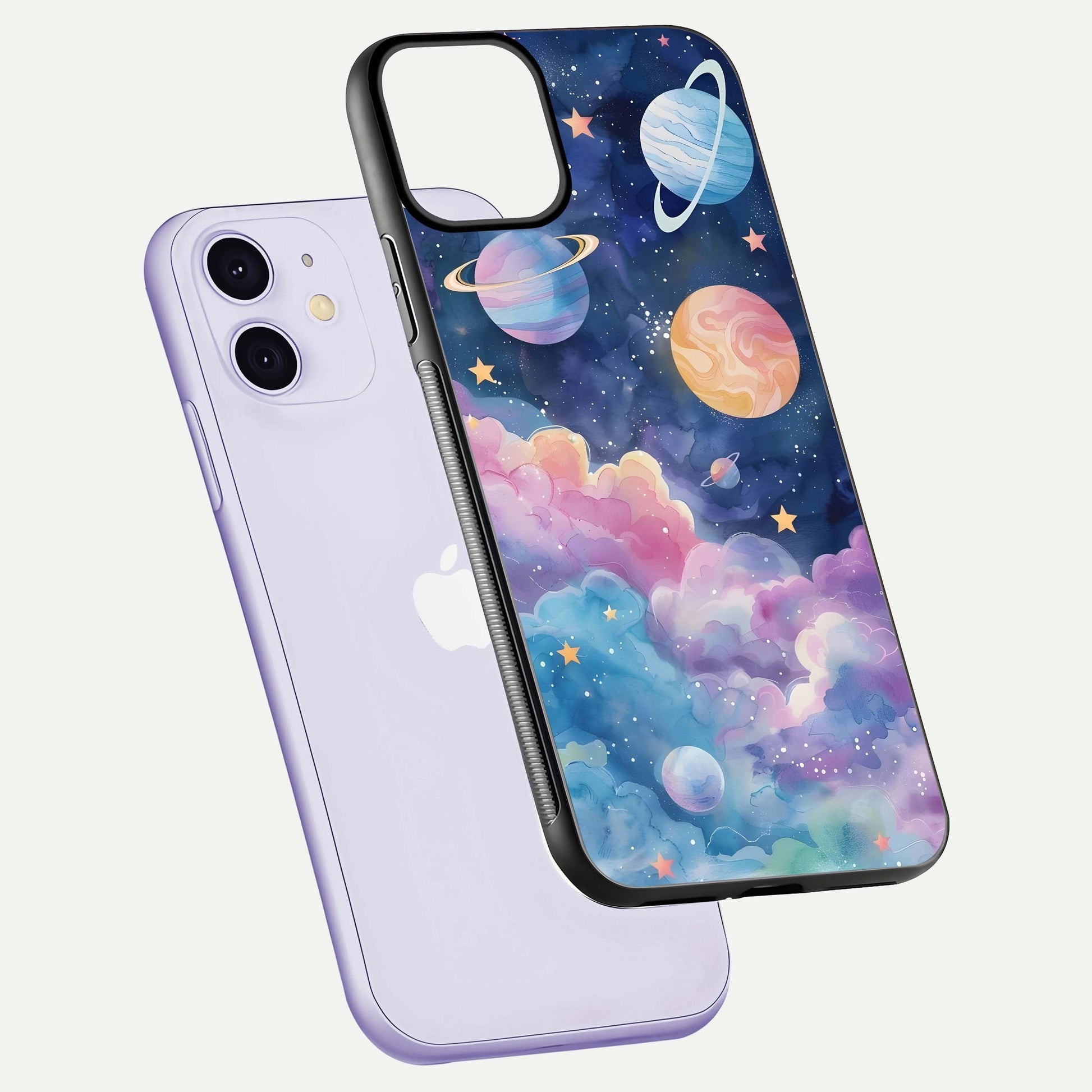 Cosmic Planet Dreams Glass Case for iPhone 11 floating mockup showing HD gloss and cosmic reflection
