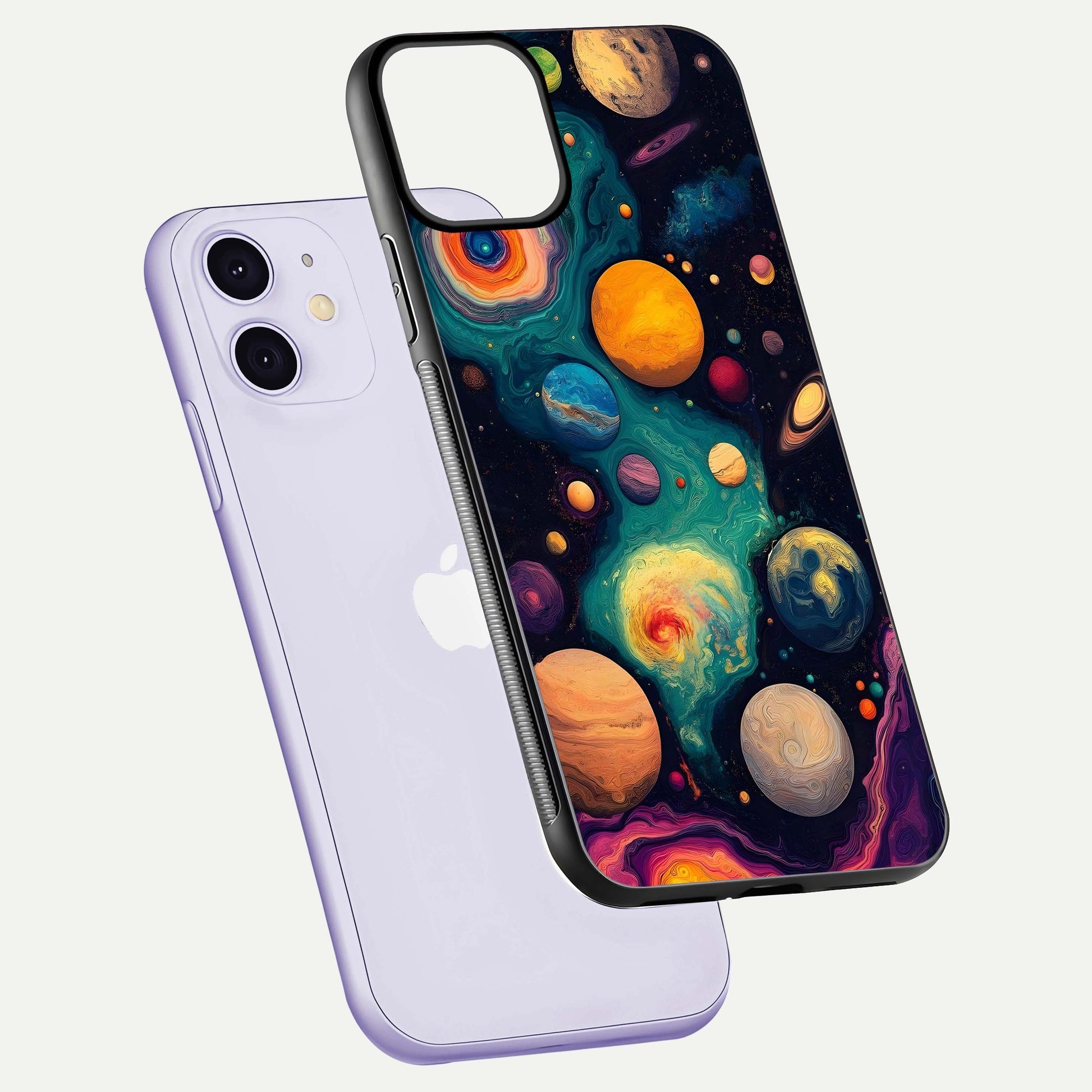 Cosmic Planet Journey Glass Case for iPhone 11 floating mockup showing gloss gradient and deep shine