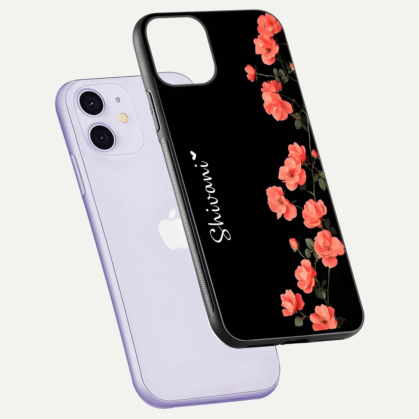 Crimson Bloom Grace Custom Name Glass Case for iPhone 11 floating mockup showing HD gloss and floral tones