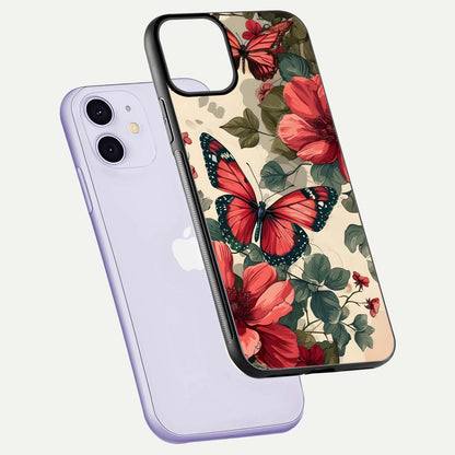 Crimson Butterfly Garden Glass Case for iPhone 11 floating mockup showing HD gloss and vivid art