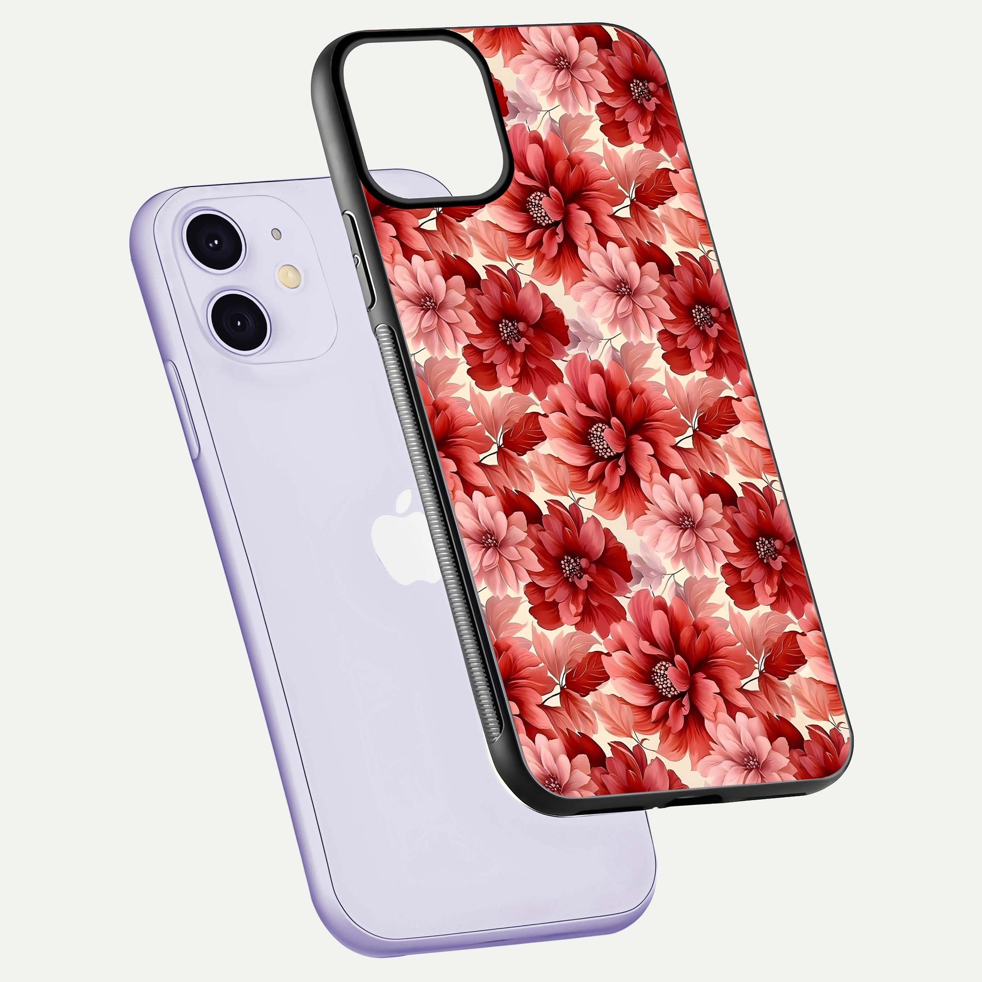 Crimson Love Petals Glass Case for iPhone 11 floating mockup showing HD gloss and vivid detail