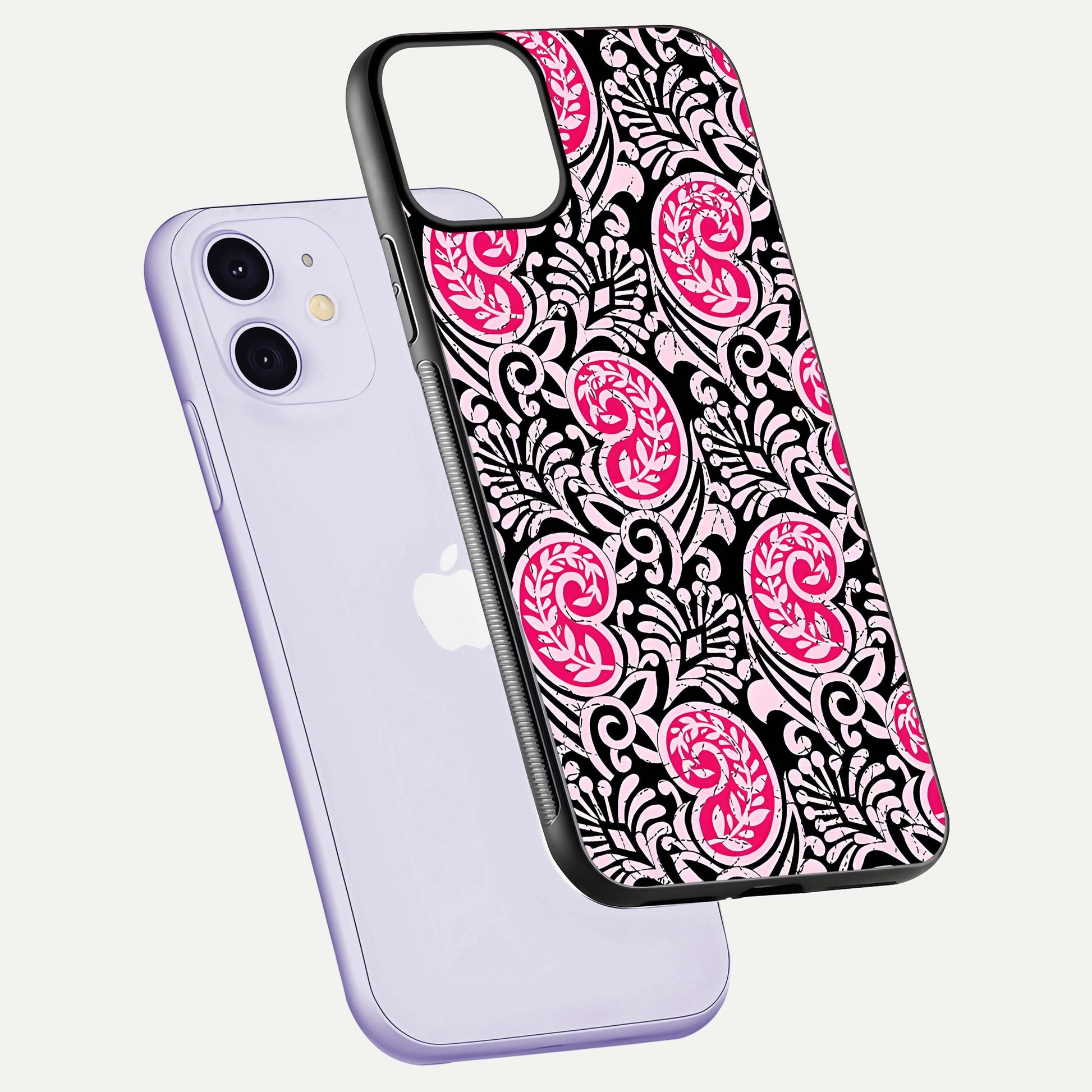 Crimson Paisley Charm Glass Case for iPhone 11 floating mockup showing gloss shine and texture clarity