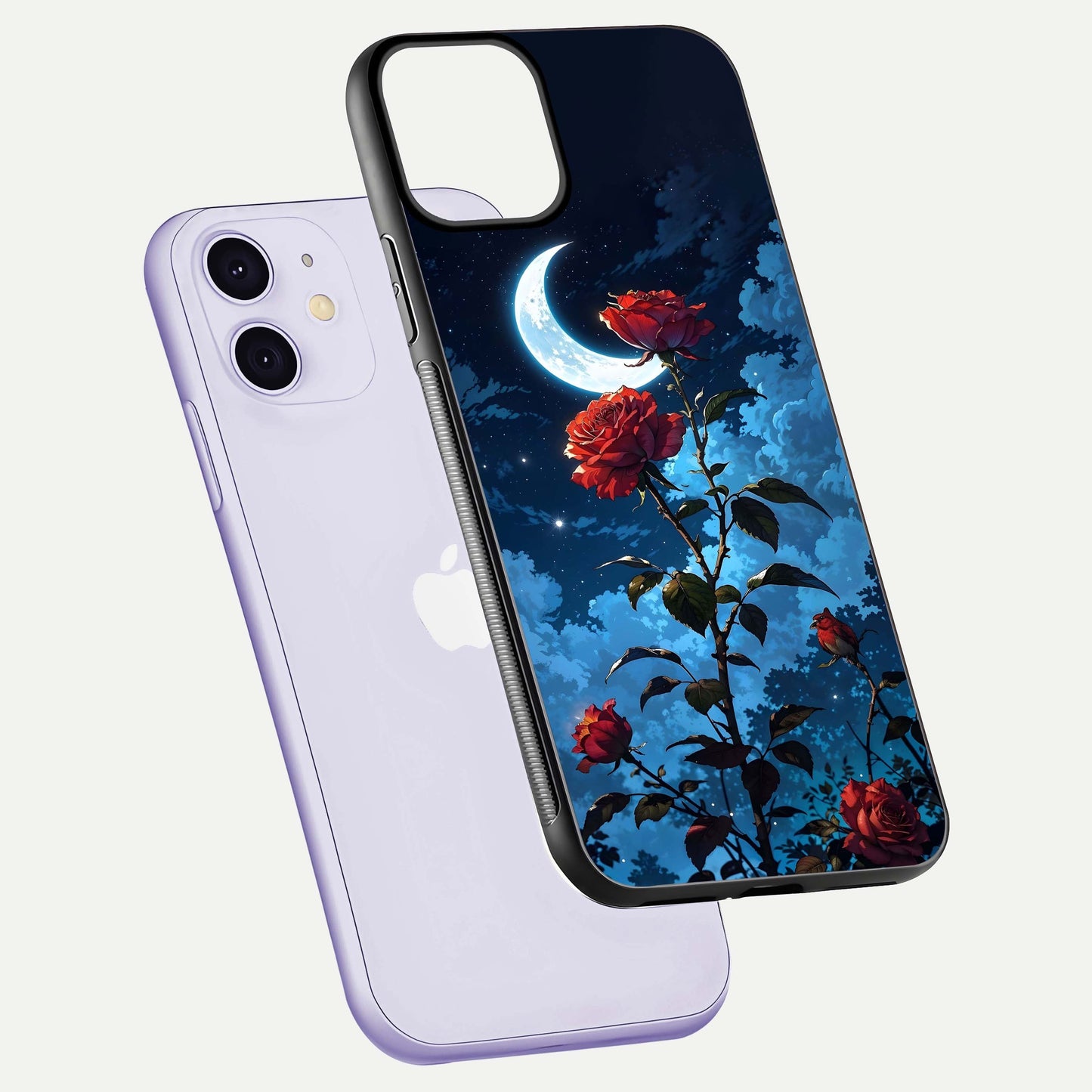 Crimson Rose Moon Glass Case for iPhone 11 floating mockup showing HD shine and elegant contrast