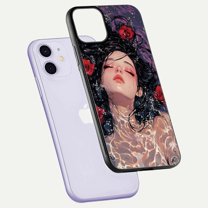 Crimson Rose Serenity Glass Case for iPhone 11 floating mockup showing HD gloss and floral texture