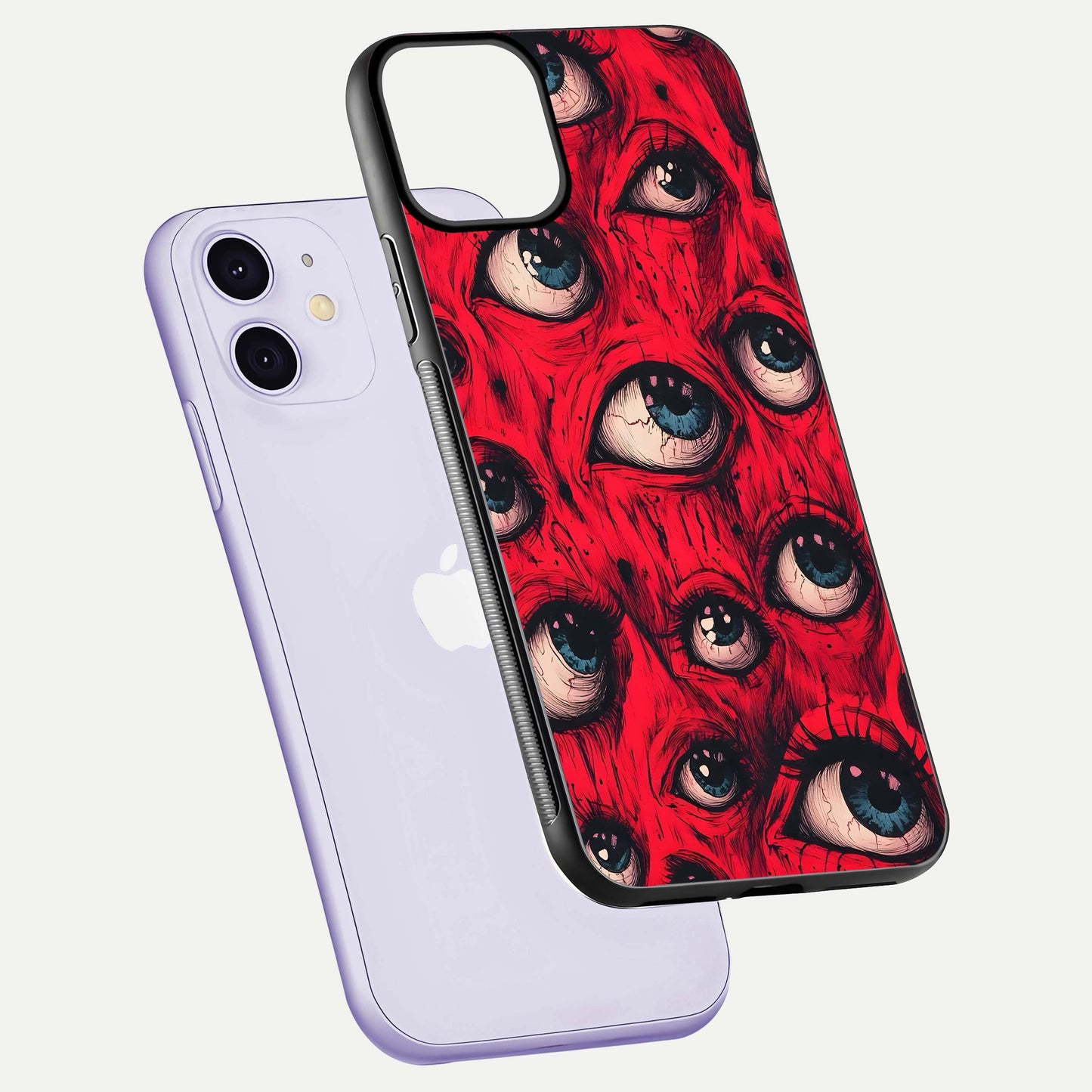 Crimson Watch Eyes Glass Case for iPhone 11 floating mockup showing HD polish and bright gloss