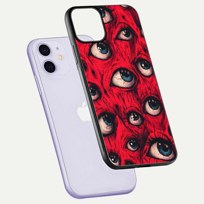 Crimson Watch Eyes Glass Case for iPhone 11 floating mockup showing HD polish and bright gloss