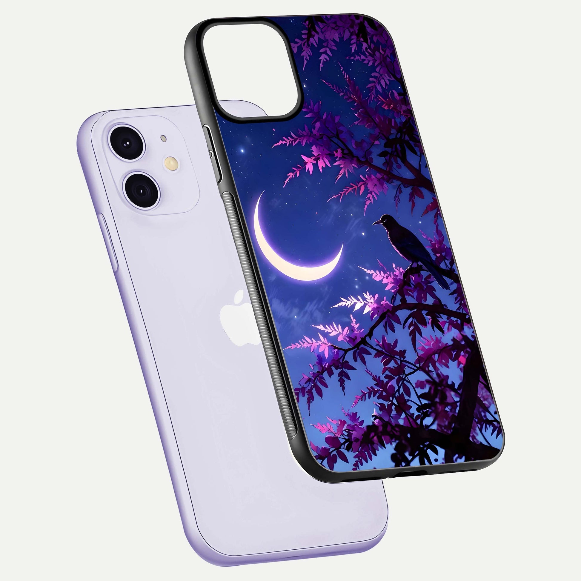 Crow & Moon Scenery Glass Case for iPhone 11 floating mockup showing HD gloss texture and soft moonlight glow