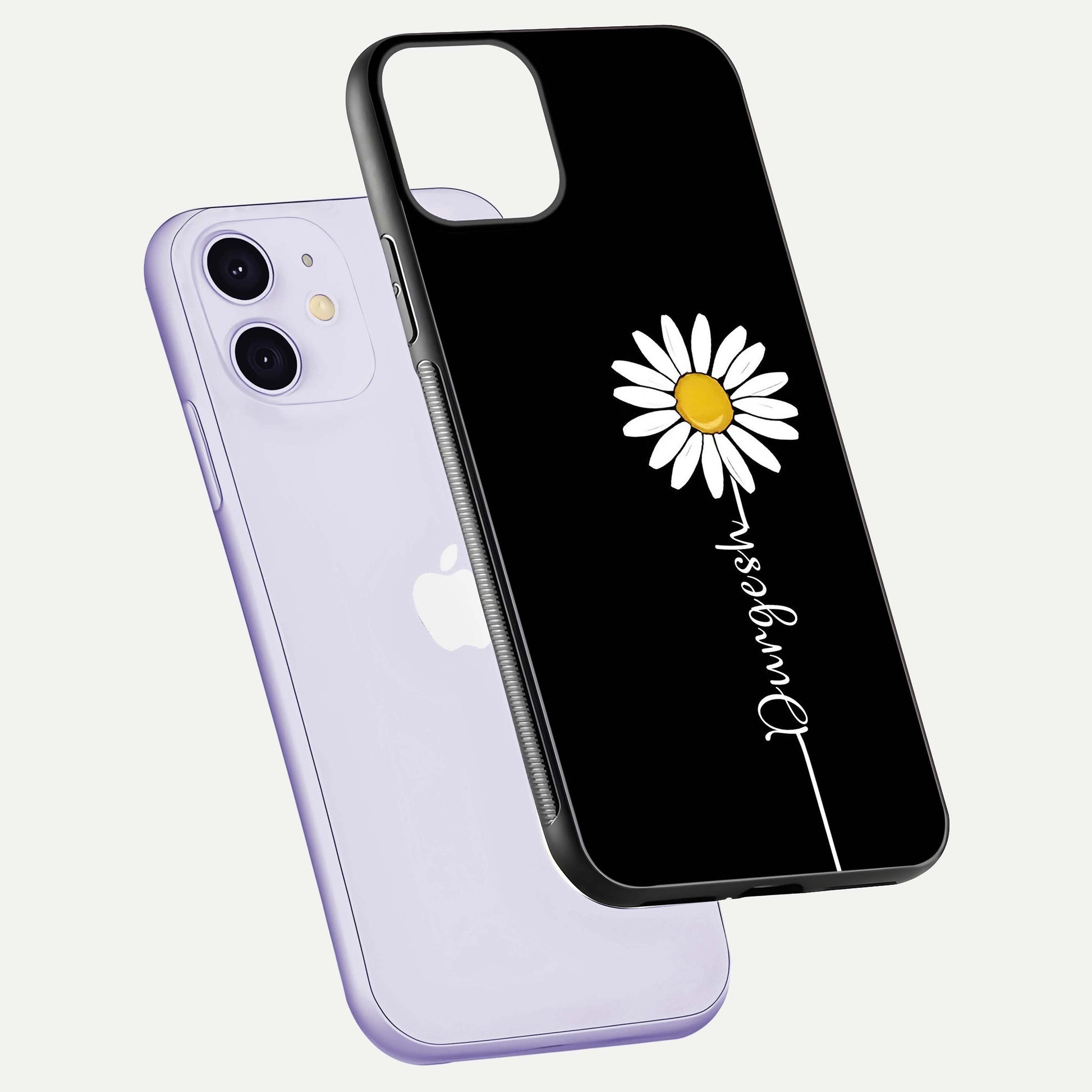 Custom Name White Flower Glass Case for iPhone 11 floating mockup displaying HD gloss and delicate texture