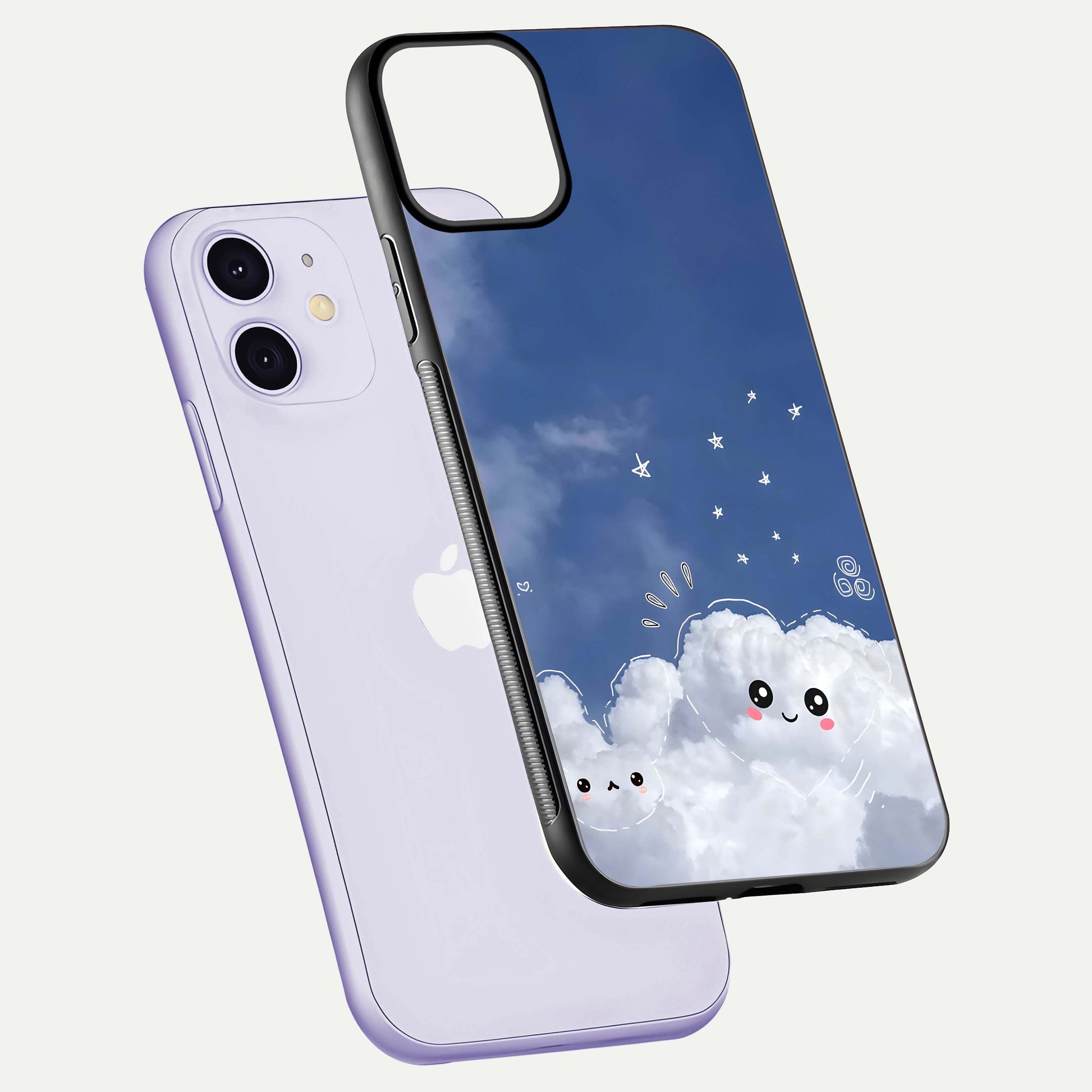 Cute Blossom Cloud Glass Case for iPhone 11 floating mockup showing HD shine and soft gradient finish
