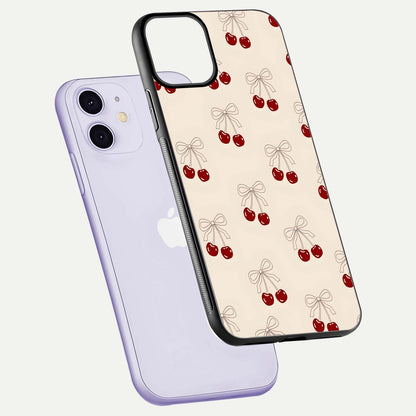 Cute Cherry Pattern Glass Case for iPhone 11 floating mockup showing HD gloss shine and clear tones
