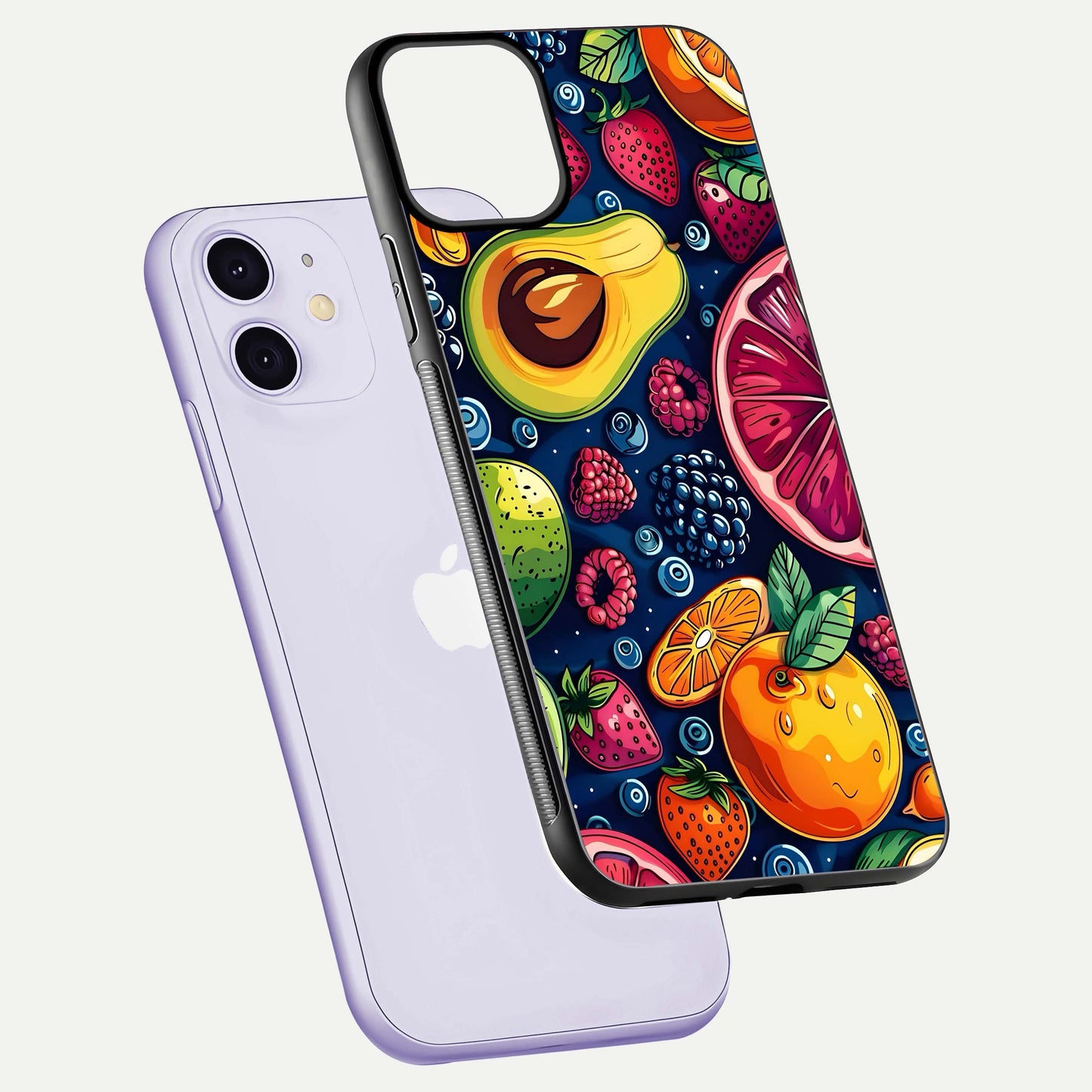 Cute Fruits Art Glass Case for iPhone 11 floating mockup showing gloss brightness and vivid artwork