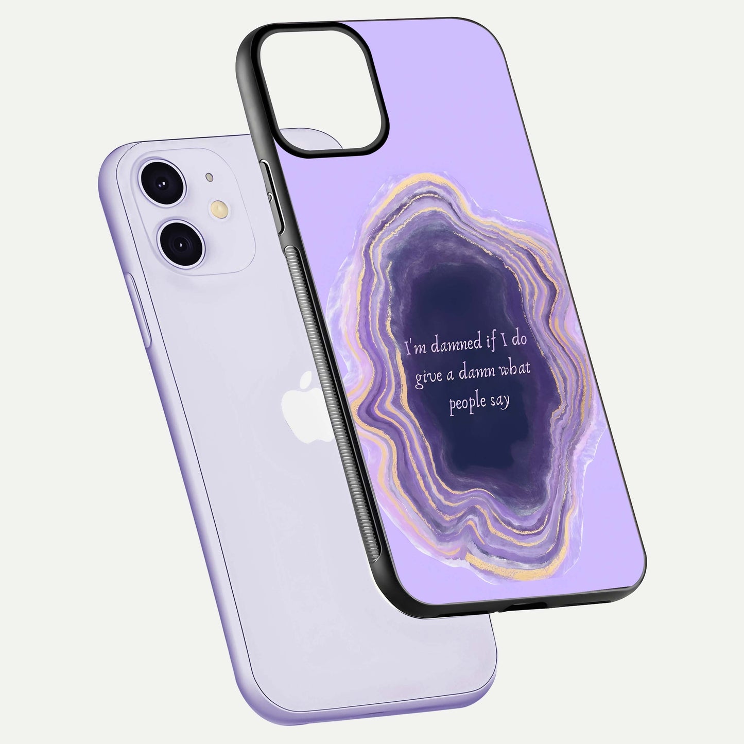 Damned People Quote Glass Case for iPhone 11 floating mockup showing gloss reflection and text balance