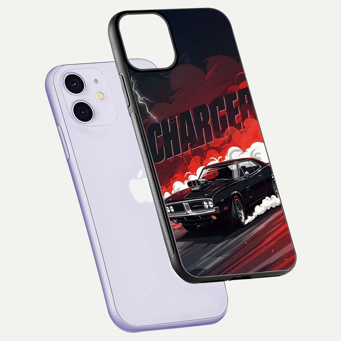 Dark Charger Fury Glass Case for iPhone 11 floating mockup showing reflection depth and shiny surface