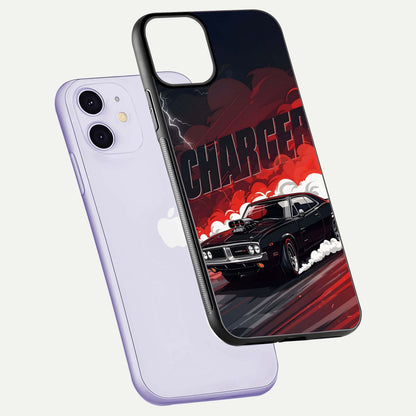 Dark Charger Fury Glass Case for iPhone 11 floating mockup showing reflection depth and shiny surface