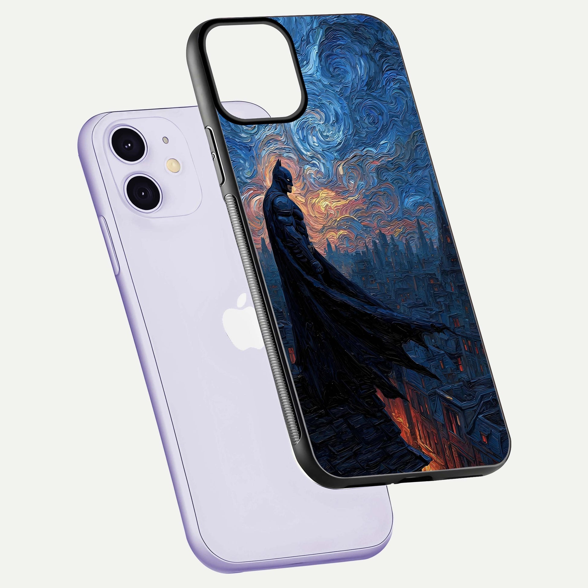 Dark Knight Dusk Glass Case for iPhone 11 floating mockup showing glossy depth and cinematic lighting