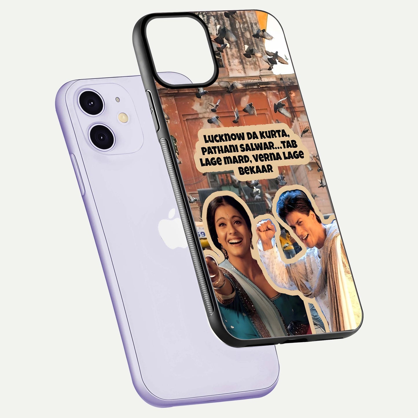 Desi Retro Vibes Glass Case for iPhone 11 floating mockup showing shine polish and vivid tones