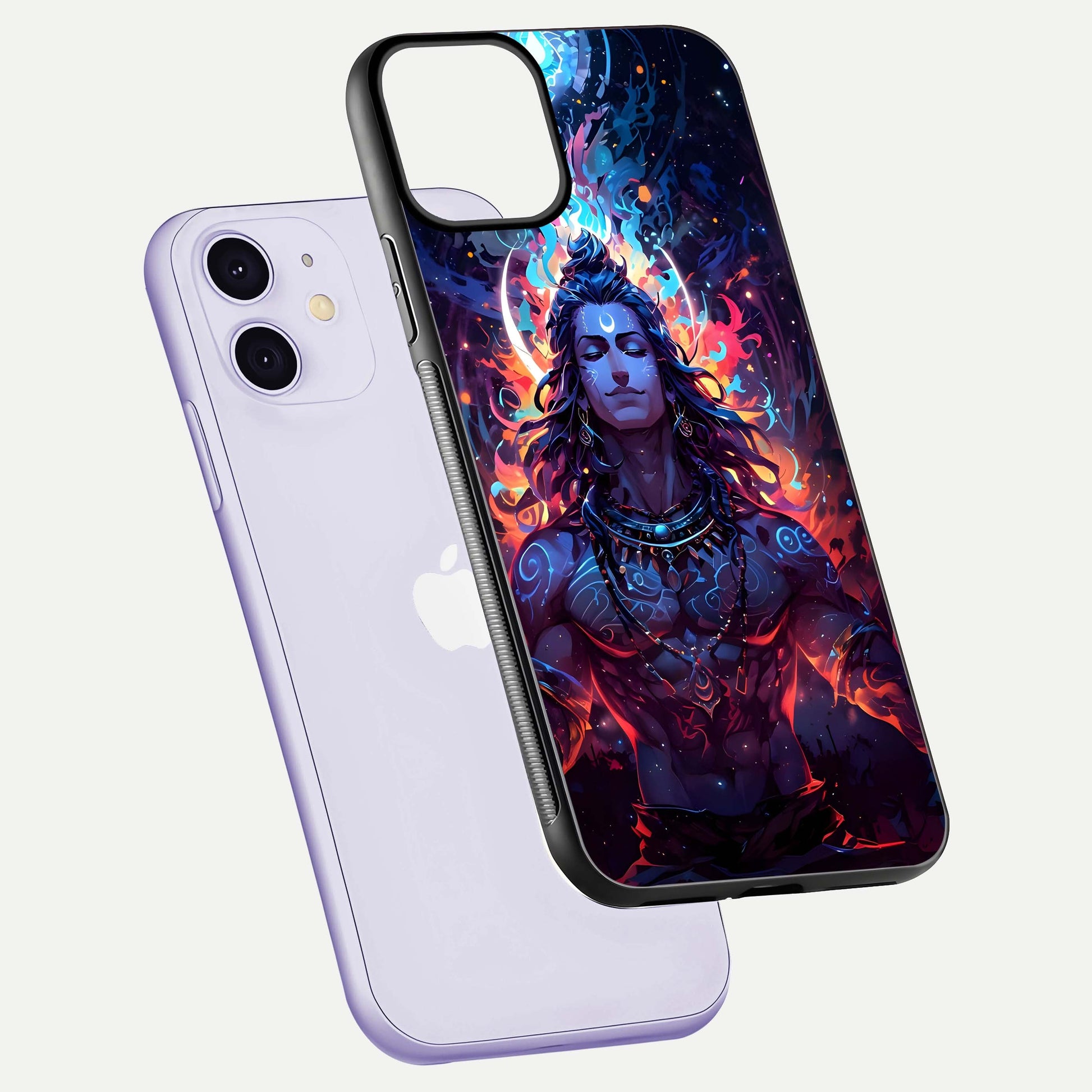 Divine Fire Shiv Glass Case for iPhone 11 floating mockup showing glow texture and gloss finish