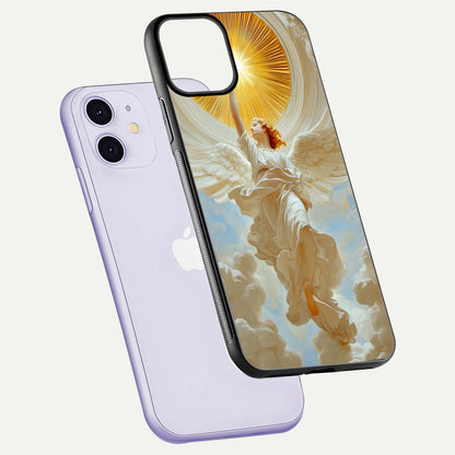 Divine Light Angel Glass Case for iPhone 11 floating mockup showing gloss texture and radiant light