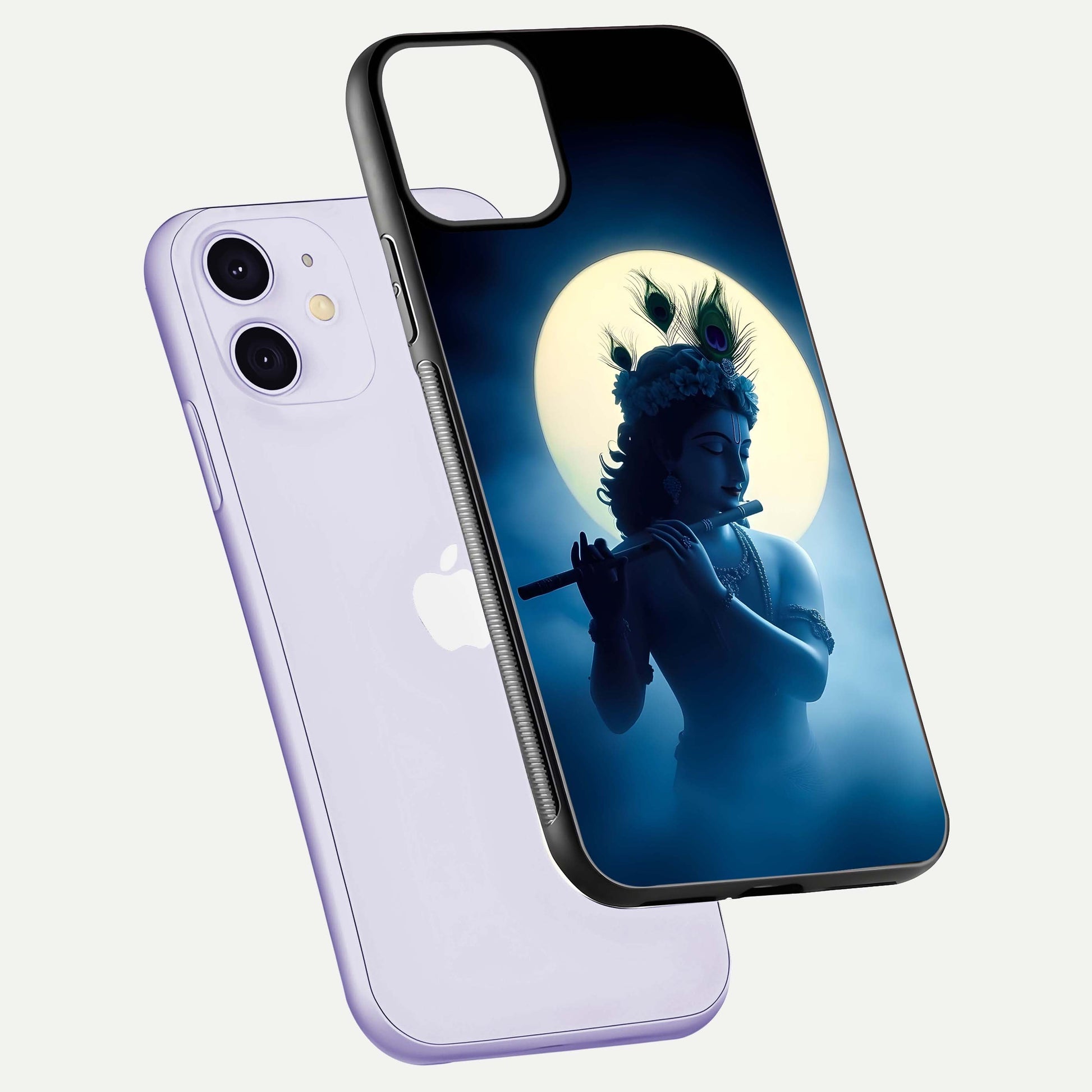 Divine Moon Flute Glass Case for iPhone 11 floating mockup showing HD gloss and luminous texture