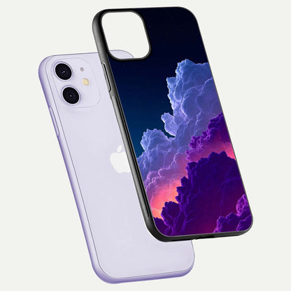 Dreamy Cloud Skies Glass Case for iPhone 11 floating mockup showing glossy depth and delicate tone