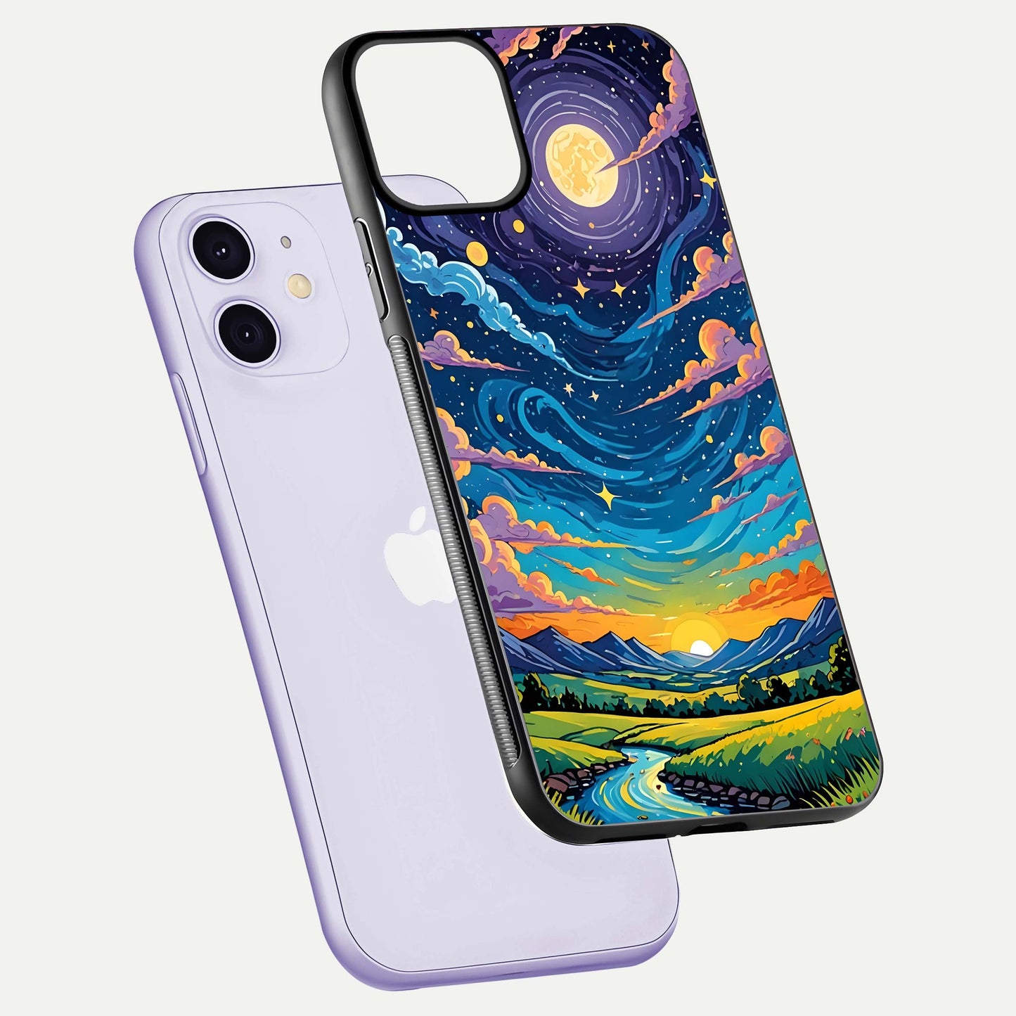 Dreamy Night Landscape Glass Case for iPhone 11 floating mockup showing glossy depth and serene color