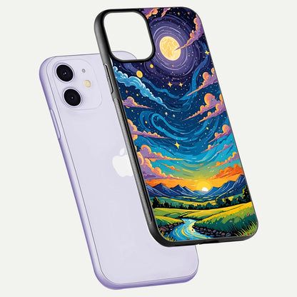 Dreamy Night Landscape Glass Case for iPhone 11 floating mockup showing glossy depth and serene color