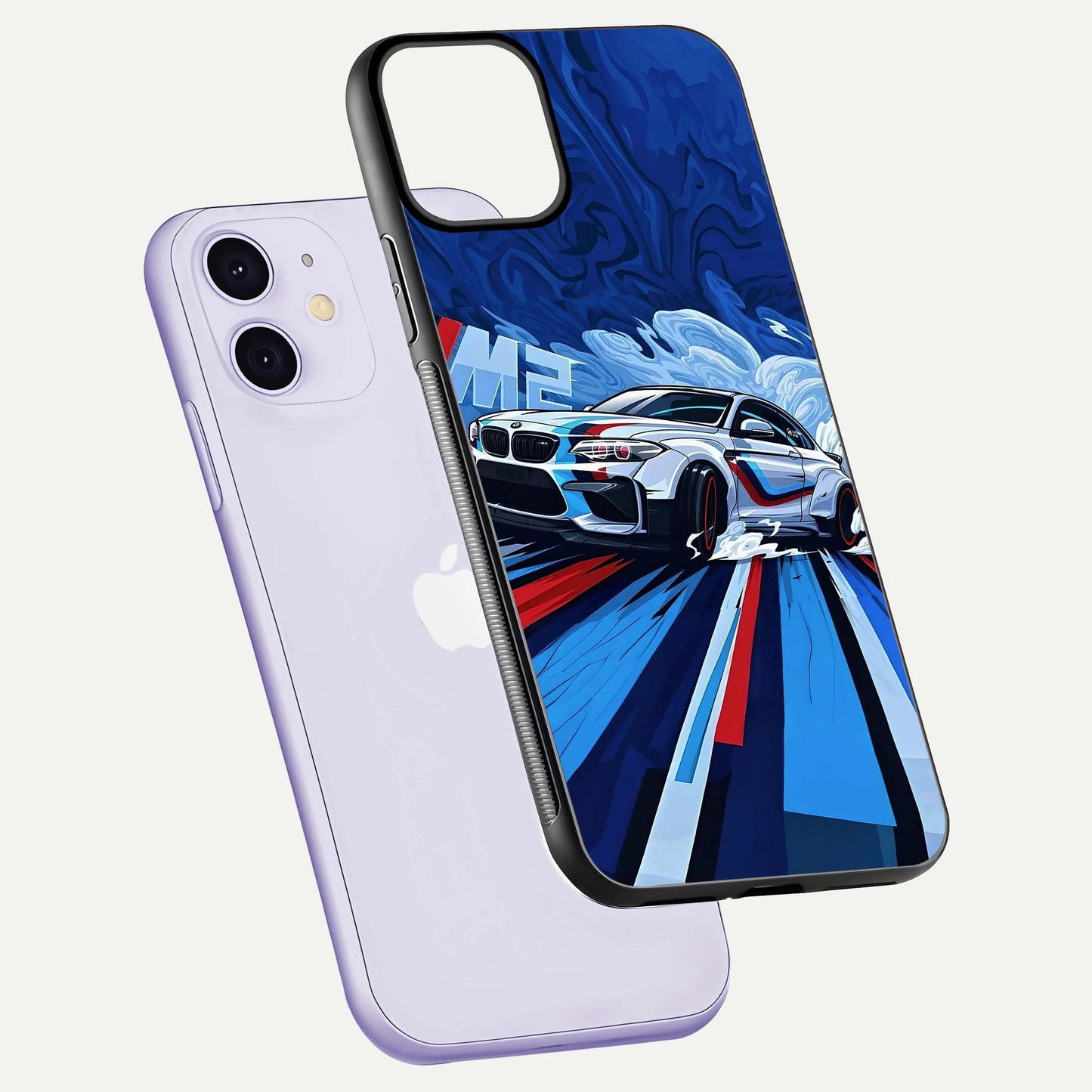 Drift Power Rush Glass Case for iPhone 11 floating mockup showing gloss polish and speed-theme design