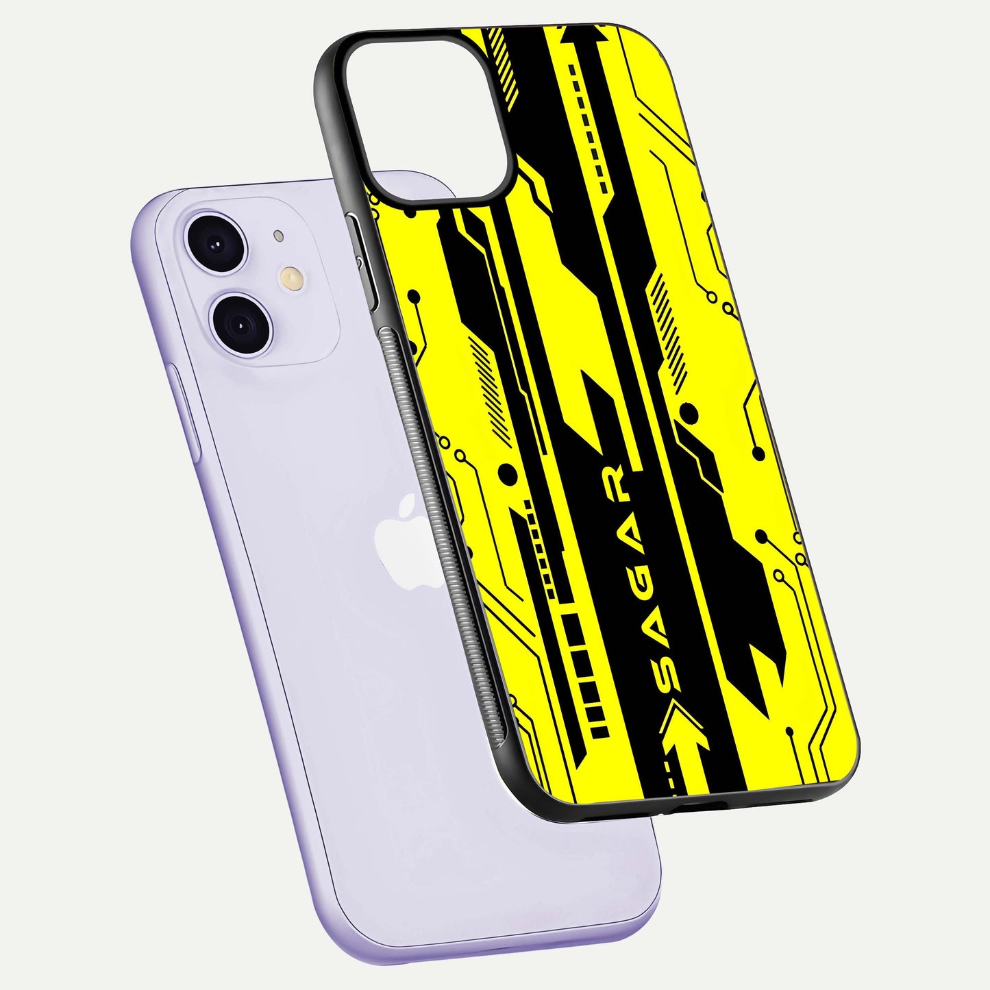Electric Pulse CYBERPUNK Custom Name Glass Case for iPhone 11 floating mockup showing HD gloss and vibrant cyberpunk glow