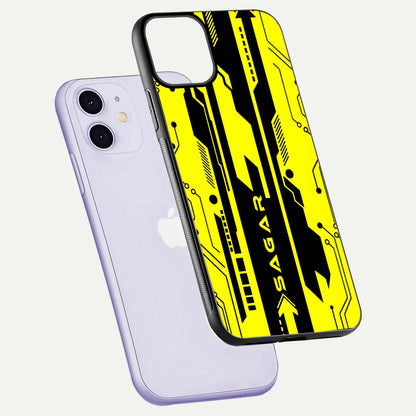 Electric Pulse CYBERPUNK Custom Name Glass Case for iPhone 11 floating mockup showing HD gloss and vibrant cyberpunk glow