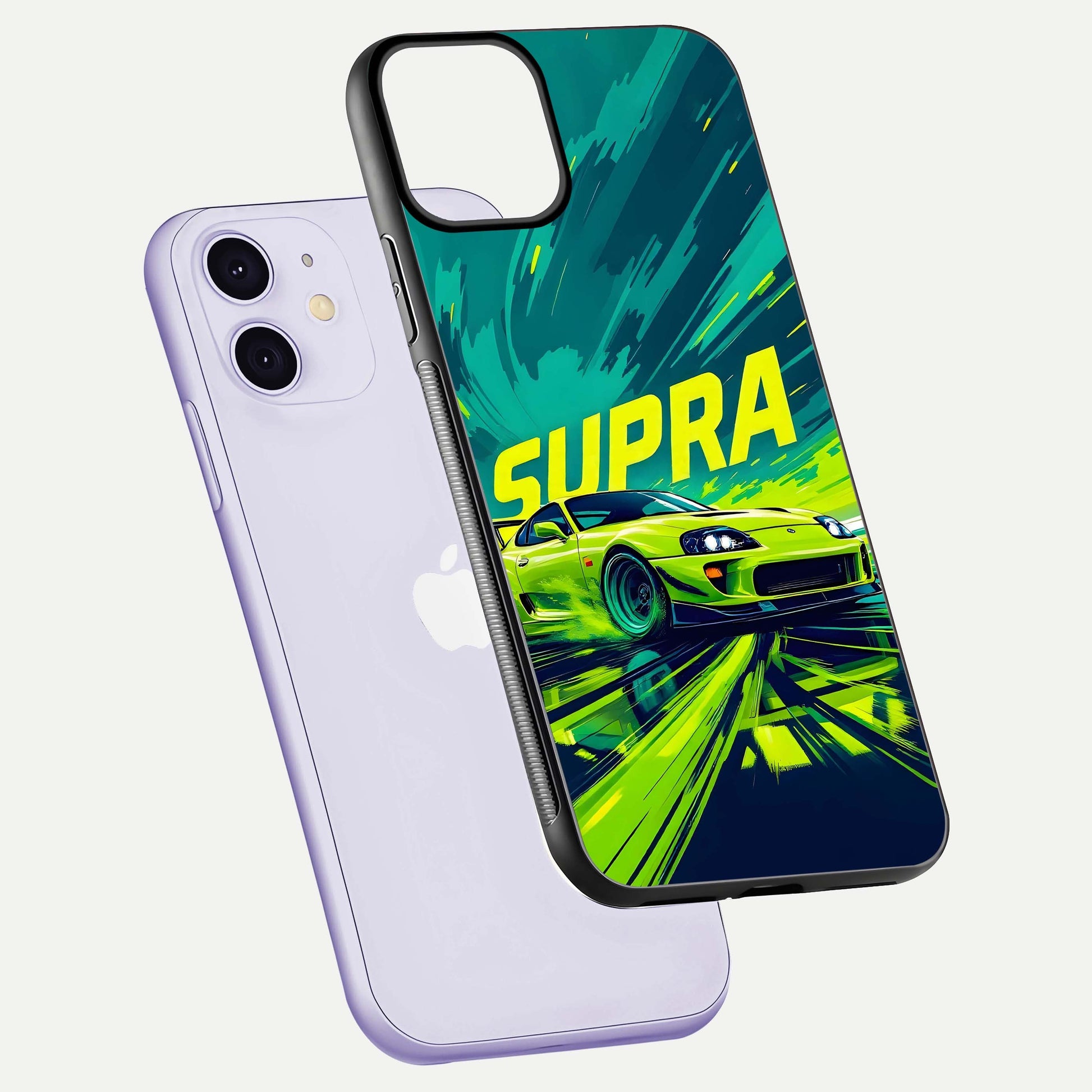 Electric Supra Thunder Glass Case for iPhone 11 floating mockup showing gloss depth and energy glow
