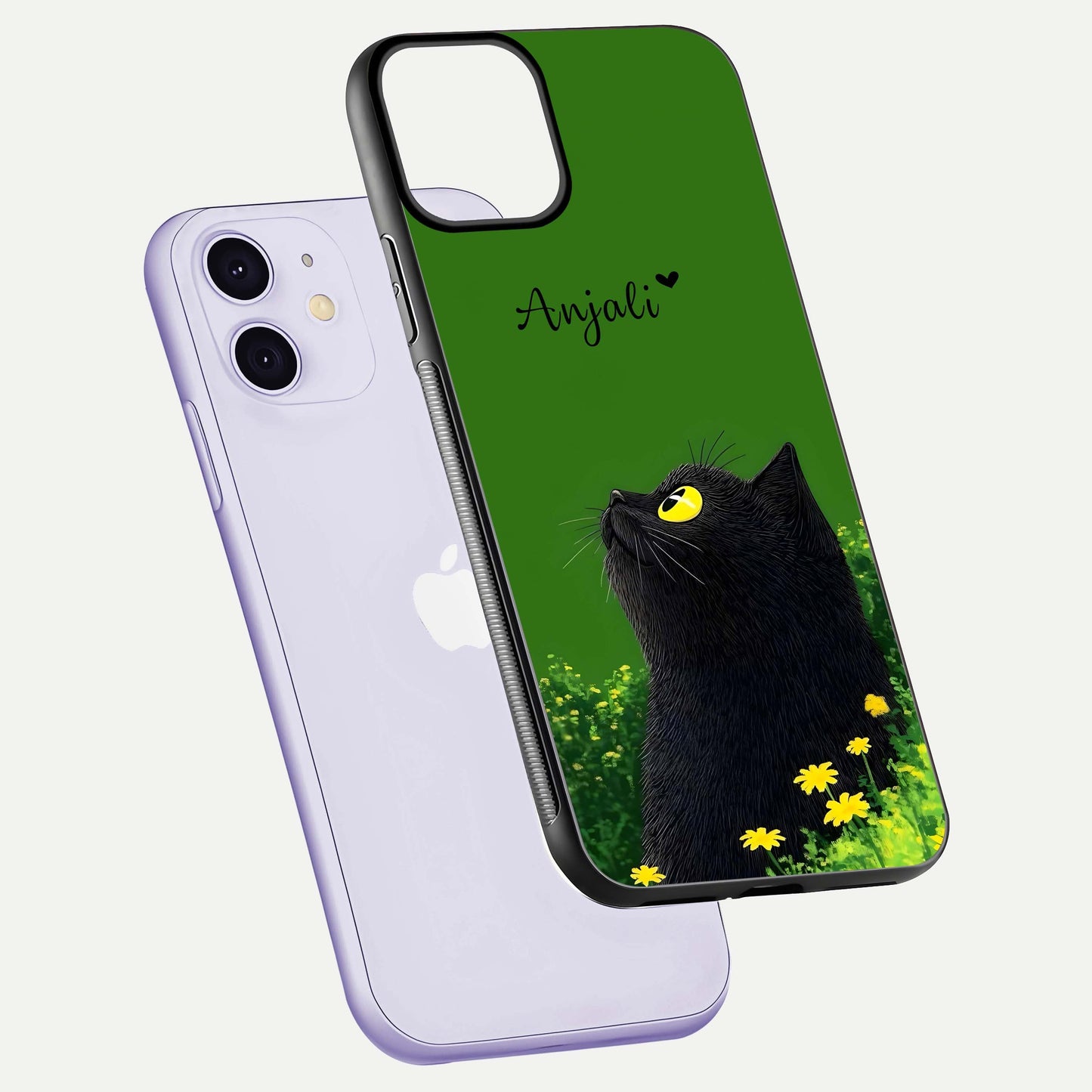 Emerald Cat Custom Name Glass Case for iPhone 11 floating mockup showing HD gloss and soft gradient