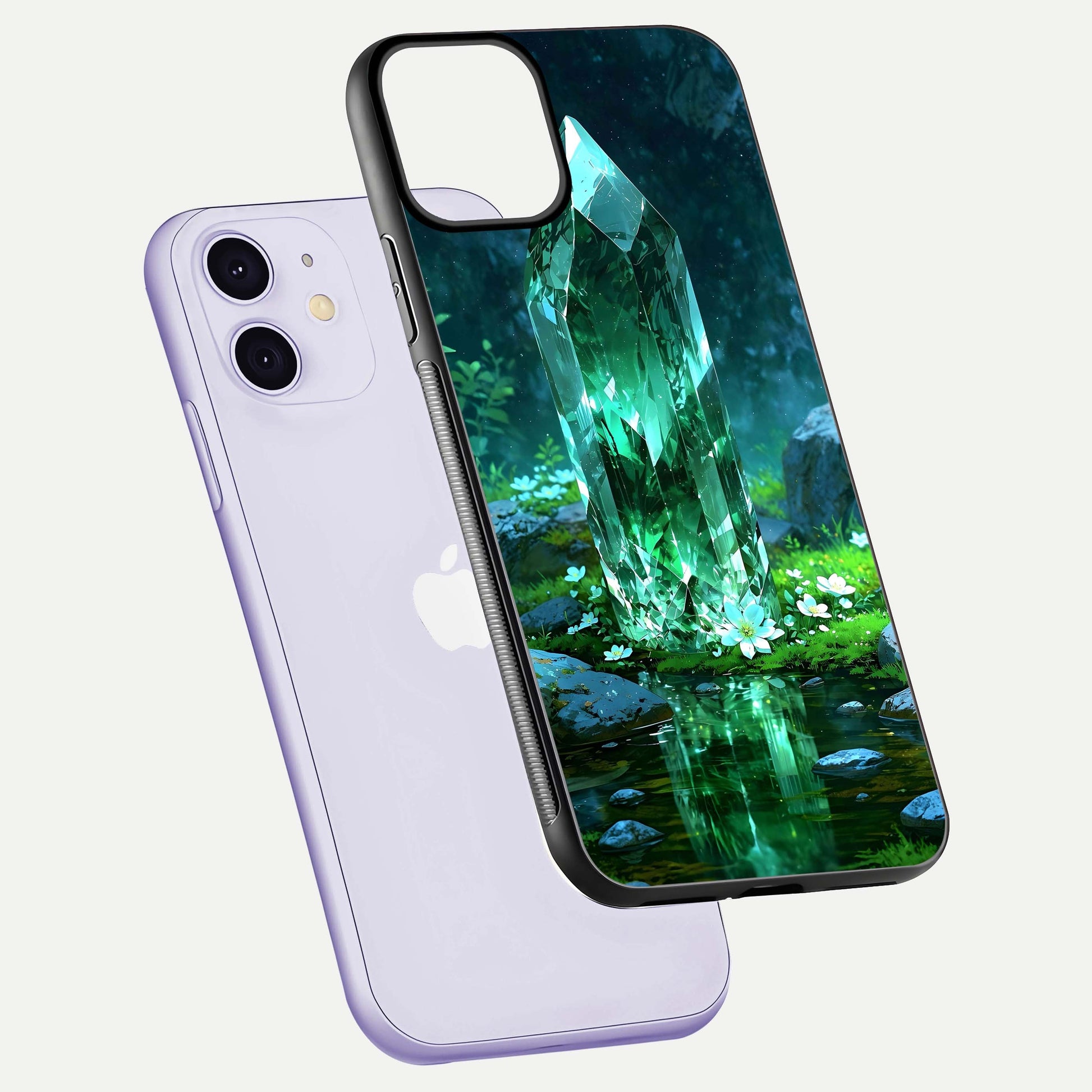 Emerald Light Crystal Glass Case for iPhone 11 floating mockup showing glossy finish and radiant light pattern