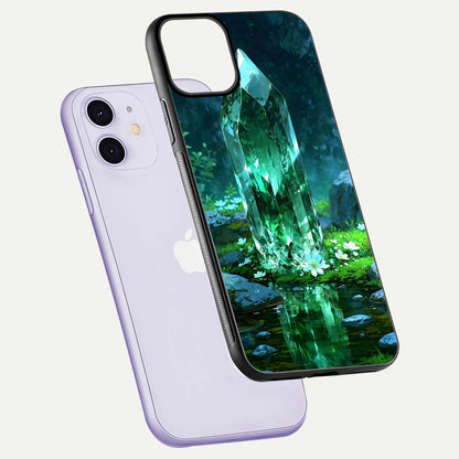 Emerald Light Crystal Glass Case for iPhone 11 floating mockup showing glossy finish and radiant light pattern