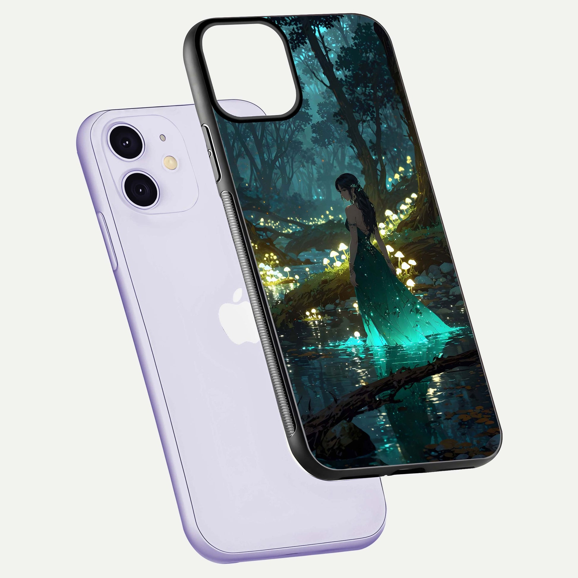 Enchanted Forest Glow Glass Case for iPhone 11 floating mockup showing gloss polish and fantasy vibe