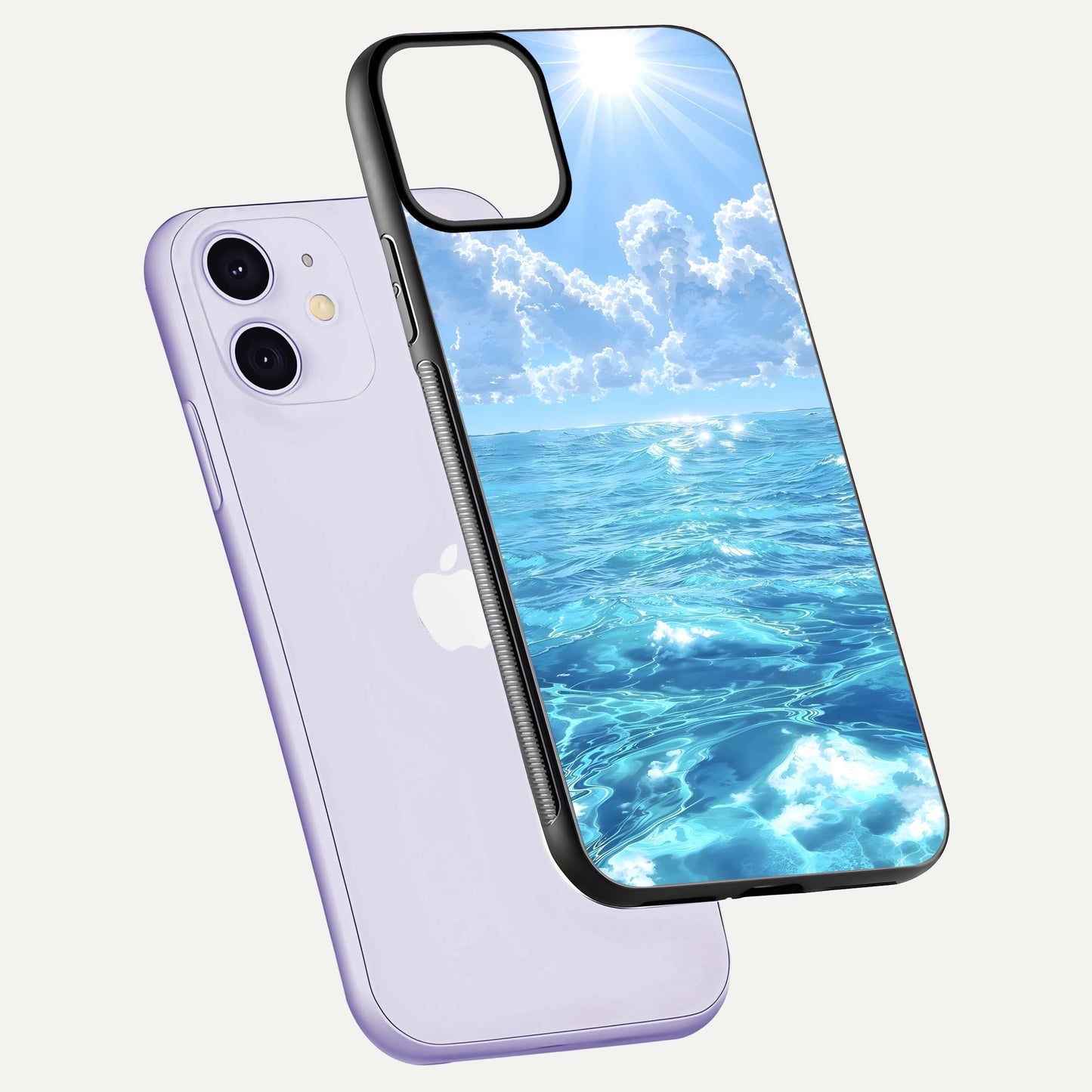 Endless Ocean Horizon Glass Case for iPhone 11 floating mockup showing HD gloss and tranquil color