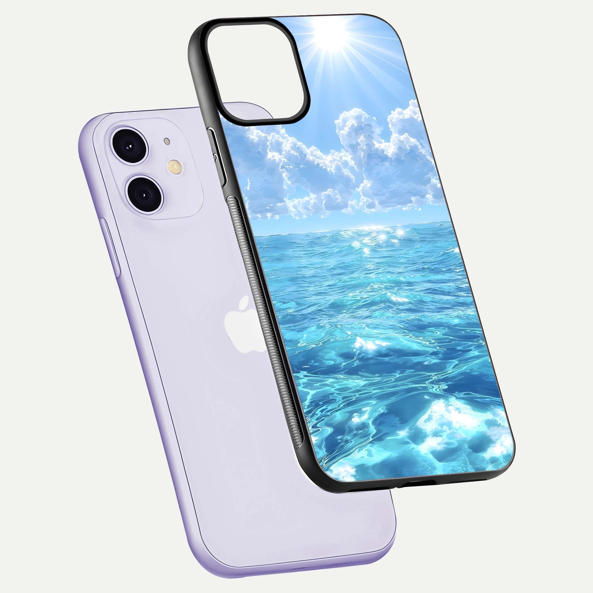 Endless Ocean Horizon Glass Case for iPhone 11 floating mockup showing HD gloss and tranquil color