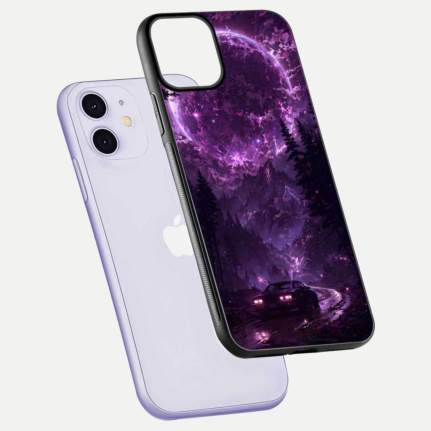 Eternal Cosmic Drive Glass Case for iPhone 11 floating mockup showing glossy polish and vivid glow