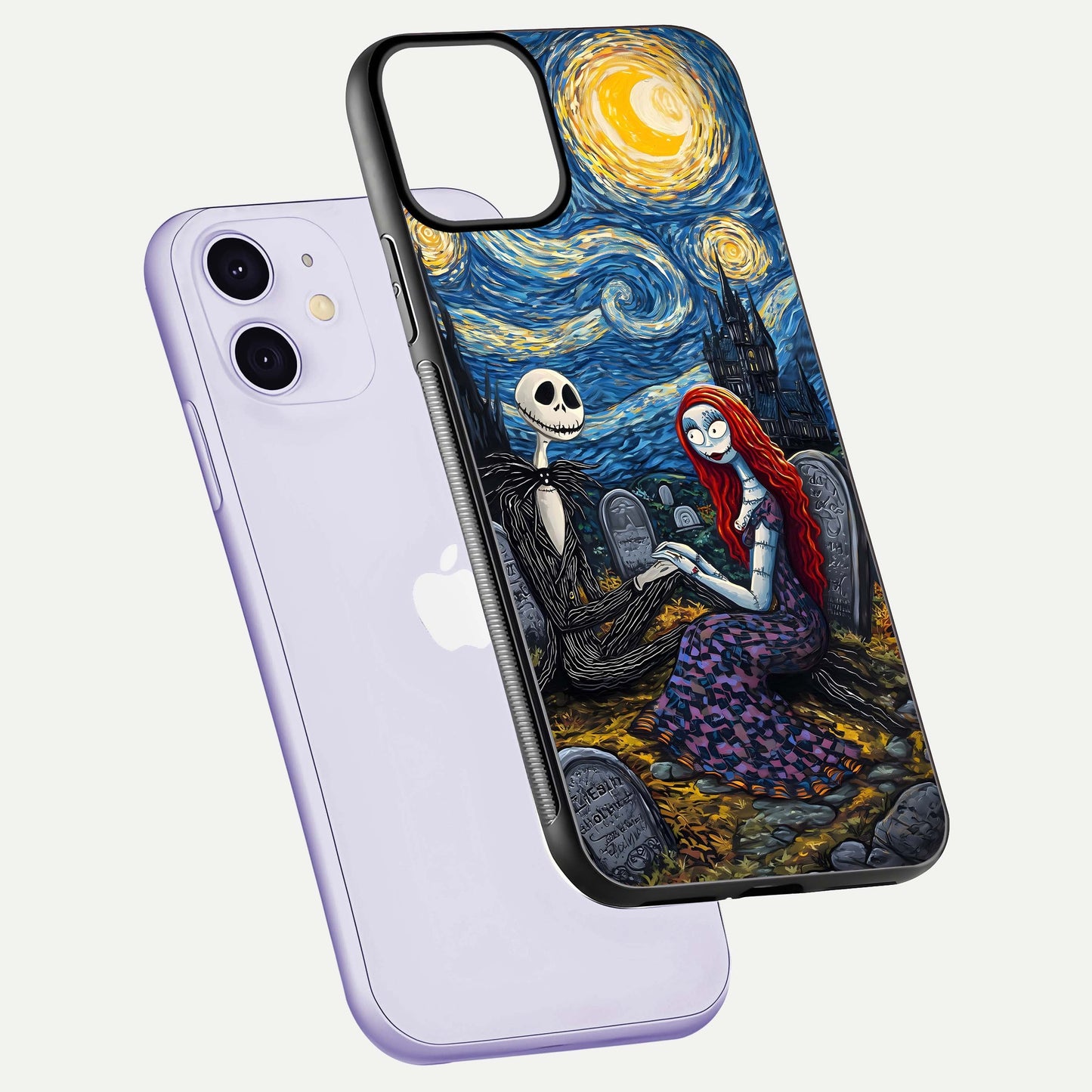 Eternal Night Love Glass Case for iPhone 11 floating mockup showing gloss brightness and romantic vibe